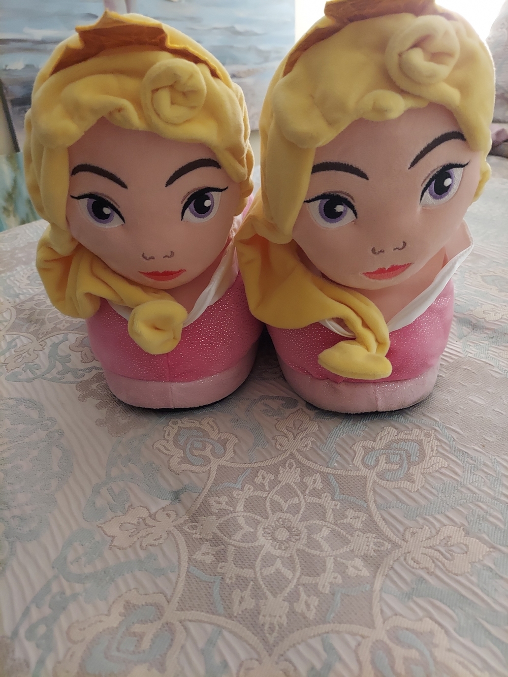 Girls Plush Character Slippers in Pink and Yellow